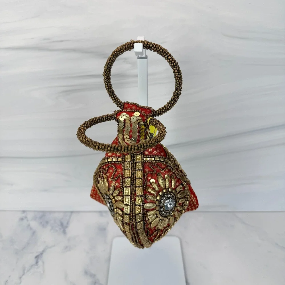 Potli Fortune Cookie Boho Wristlet Small Red Gold Beaded Sequin Rhinestone